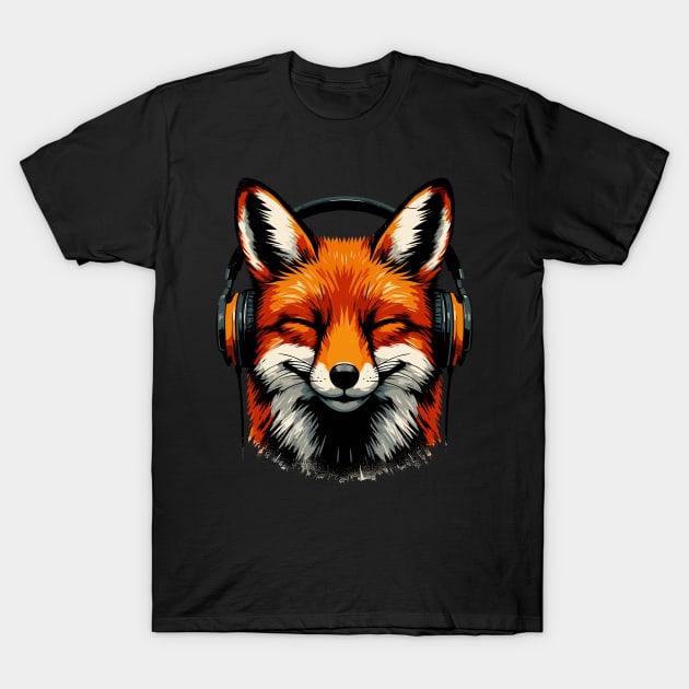 Funny Smiling musical fox wearing headphones T-Shirt by TomFrontierArt